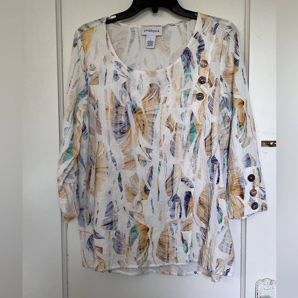 Peck & Peck top, S, white with tan and blue